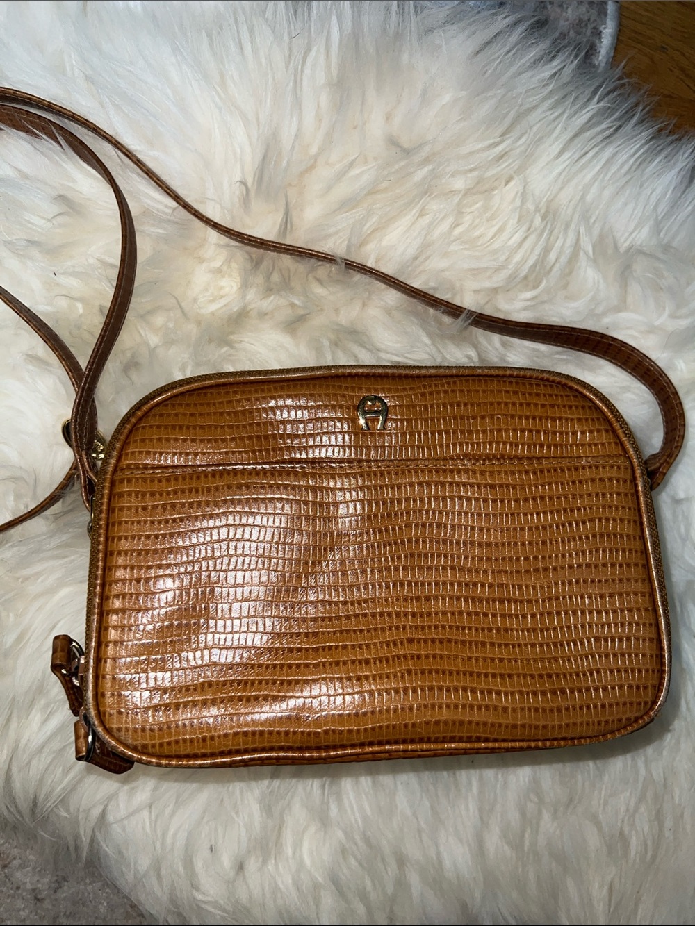 Etienne Aigner Cognac Lizard embossed w/ gold tone logo